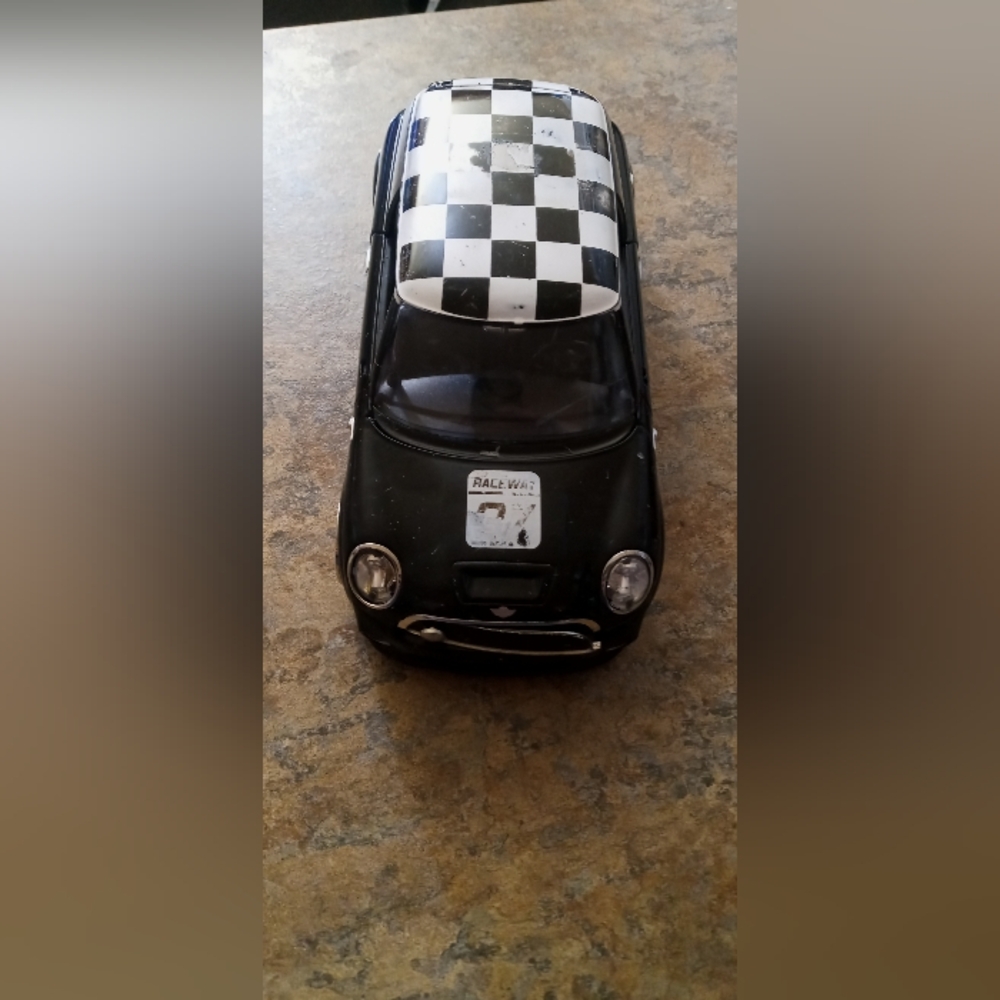 Black Mini Cooper Style Car Model with Checkered Roof - Automotive Decor 1/24 - Picture 4 of 10
